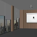 Projection Monitoring System In Modern Room With Wooden Wall Large Windows And City Skyline
