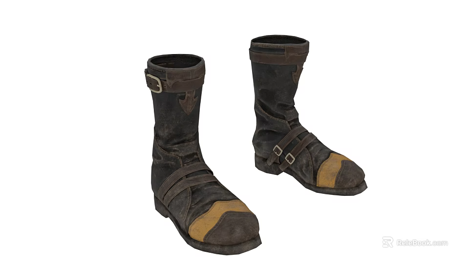 Vintage Brown Leather Boots With Adjustable Straps Metal Buckles Tan Toe Caps Retro Workwear Style Footwear 3d model 