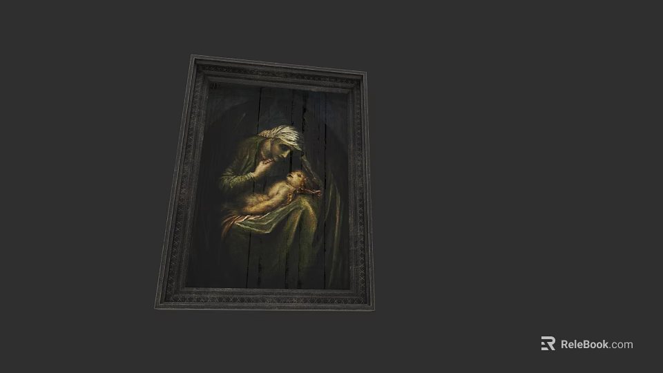 Oil Painting of Madonna Holding Baby in Ornate Frame with Classical Religious Theme 3d model 