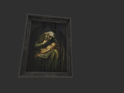 Oil Painting of Madonna Holding Baby in Ornate Frame with Classical Religious Theme 3d model