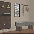 Stylish Upholstered Bench With Wooden Legs In Room With Pegboard Wall And Window Blinds