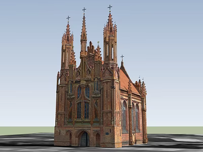 Historic Gothic Church With Red Brick Spires Crosses And Stained Glass Windows 3d model