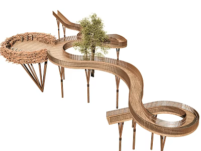 Unique Wooden Curved Pathway Structure With Slender Legs And Green Plant 3d model
