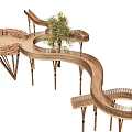 Unique Wooden Curved Pathway Structure With Slender Legs And Green Plant
