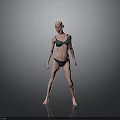 Bald Woman Wearing Green Bikini With Arm Tattoo on Reflective Floor Against Gray Background