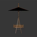 Outdoor Scene Component With Red Umbrella And Wooden Trays On Metal Stand