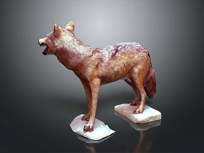 Standing Wolf Sculpture With Open Mouth Brown Purple Spots On White Bases 3d model