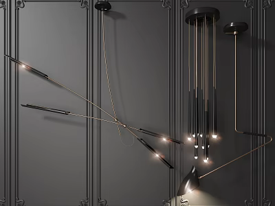 Sleek Modern Black Metal Chandelier With Multiple Hanging Arms On Decorative Gray Wall Illuminated 3d model