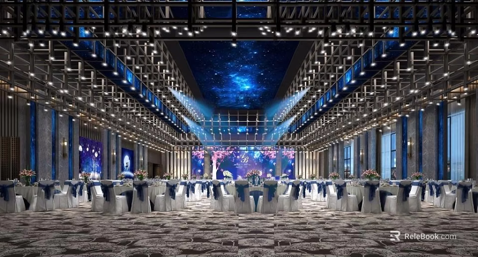Elegant Banquet Hall Interior With Starry Sky Ceiling Lighting And Arranged Tables Chairs 3d model 