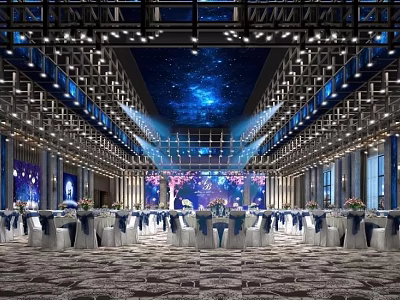 Elegant Banquet Hall Interior With Starry Sky Ceiling Lighting And Arranged Tables Chairs 3d model