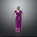 Woman in Purple Saree With Gold Patterns and White Hair Standing Against Gray Background