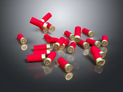 Shiny Red Bullet Casings With Gold Bottoms Scattered On Black Background Surface 3d model
