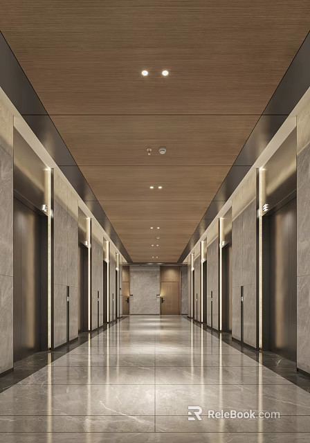 Modern Elevator Lobby Interior With Wooden Ceiling And Marble Walls 3d model 