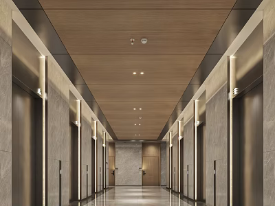 Modern Elevator Lobby Interior With Wooden Ceiling And Marble Walls 3d model