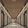 Modern Elevator Lobby Interior With Wooden Ceiling And Marble Walls