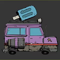 Pink Cartoon Style Van With Blue Object On Roof And Decorative Details