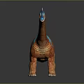 3D Rendered Sauropod Dinosaur With Orange Body Blue Patterns And White Spikes Against Gray Background