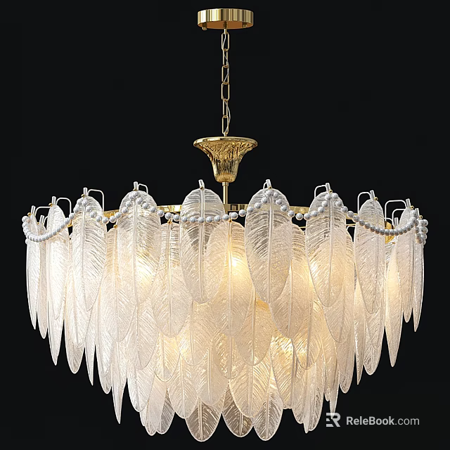 Elegant Glass Feather Design Chandelier With Golden Chain And Illuminated Glow 3d model 