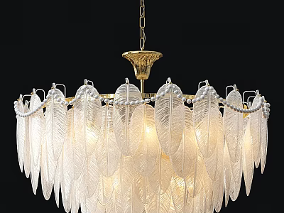 Elegant Glass Feather Design Chandelier With Golden Chain And Illuminated Glow 3d model