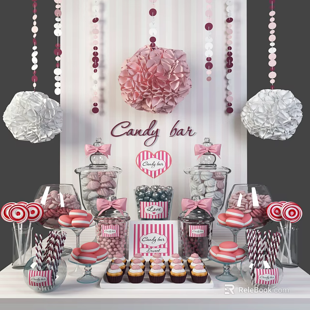 Candy Bar With Striped Backdrop Hanging Pom Poms And Colorful Lollipop Jars 3d model 
