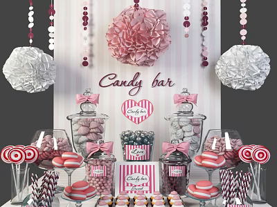 Candy Bar With Striped Backdrop Hanging Pom Poms And Colorful Lollipop Jars 3d model