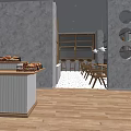 Modern Dessert Shop Interior with White Counter Wooden Tables and Pastry Display Case