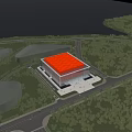 Modern Museum Building With Red Roof And Glass Facade Surrounded By Green Trees