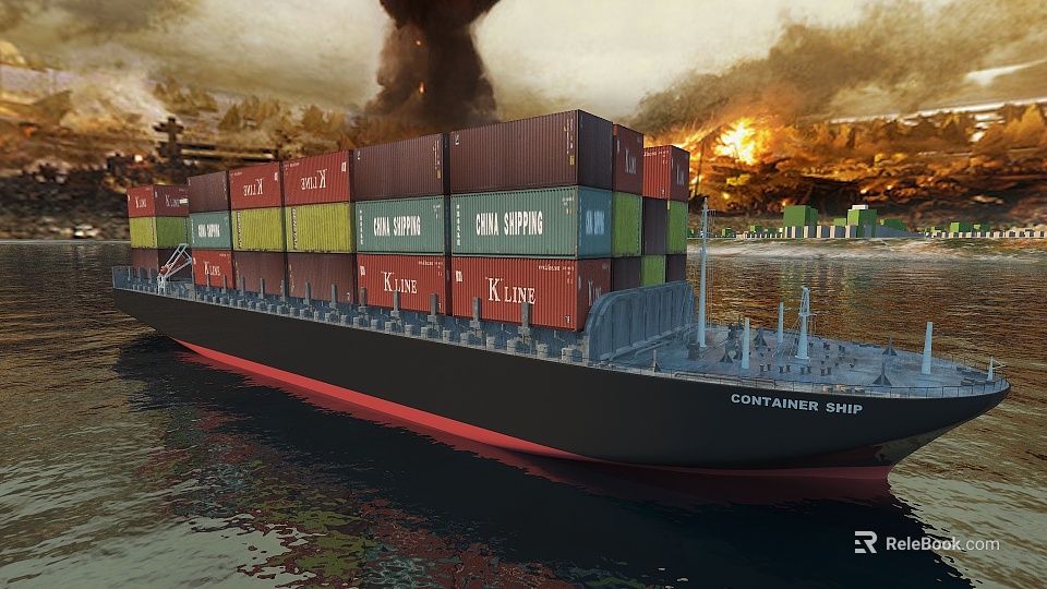 Large Container Ship With Colorful Containers Amidst Fire And Smoke In Port 3d model 
