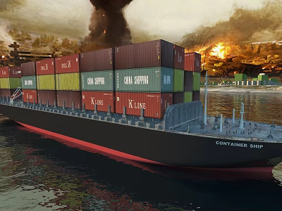 Large Container Ship With Colorful Containers Amidst Fire And Smoke In Port 3d model