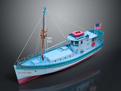 Classic Yacht Design With American Flag Red Lifebuoy And Mast 3d model