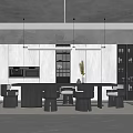 Modern Restaurant Open Kitchen Design With Island Counter Hanging Lights And Cabinets