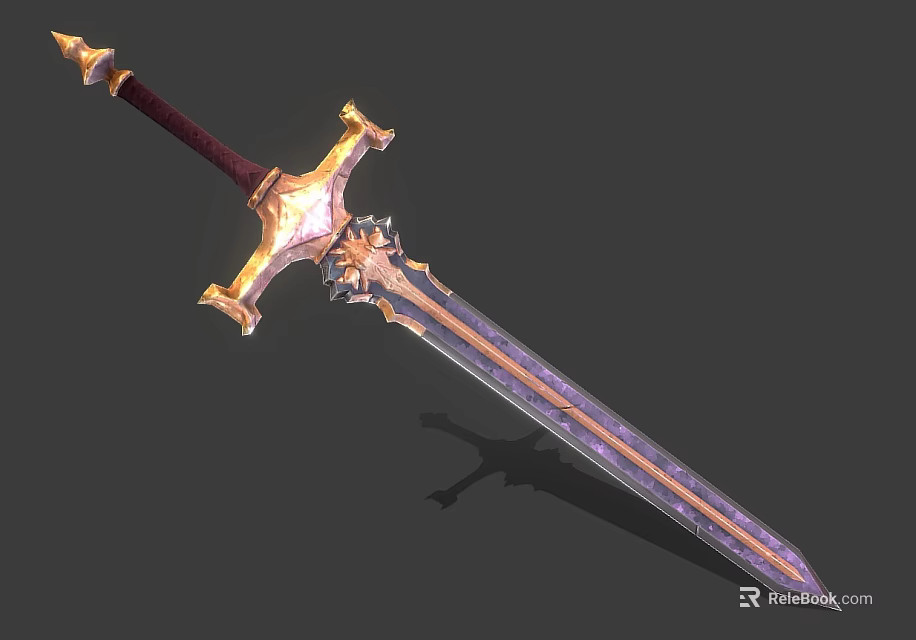 Ornate Medieval Sword With Golden Hilt Red Grip And Purple Blade Design 3d model 