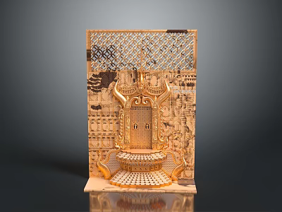 Exquisite Golden Carved Decorative Piece With Intricate Lattice And Architectural Details 3d model