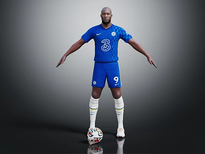 Man In Blue Soccer Jersey Standing With Football On Dark Background 3d model