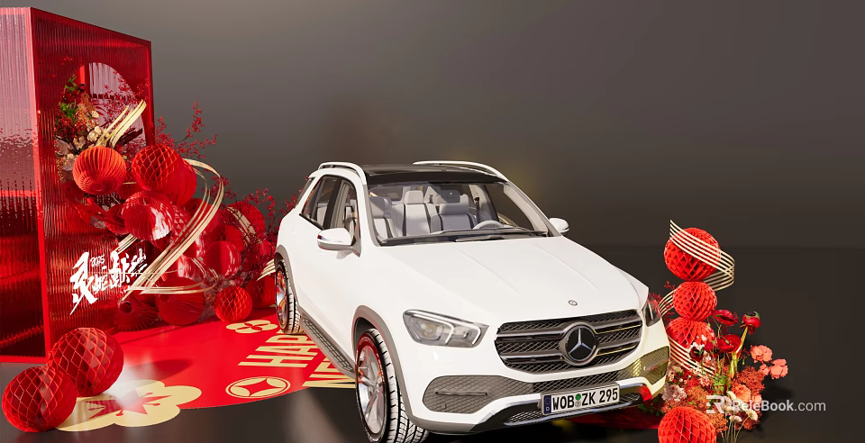Art Installation Featuring White Mercedes SUV With Red Decorations Spheres Flowers And Golden Characters 3d model 