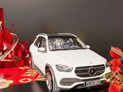 Art Installation Featuring White Mercedes SUV With Red Decorations Spheres Flowers And Golden Characters 3d model
