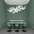 Hotel Public Lounge Area With Green Striped Walls White Marble Table And Transparent Glass Chairs