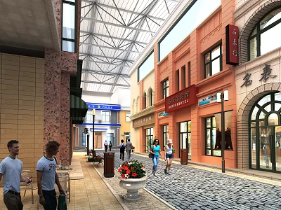 Vibrant Commercial Street with Red Brick Buildings Arched Windows Store Signs and Pedestrians Walking 3d model
