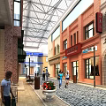 Vibrant Commercial Street with Red Brick Buildings Arched Windows Store Signs and Pedestrians Walking