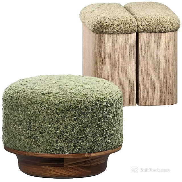 Green Textured Round Ottoman With Wooden Base And Square Padded Top Design 3d model 