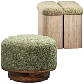 Green Textured Round Ottoman With Wooden Base And Square Padded Top Design