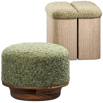 Green Textured Round Ottoman With Wooden Base And Square Padded Top Design 3d model