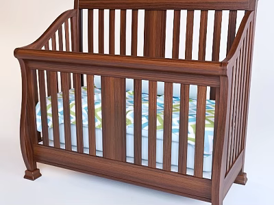 Walnut Wooden Baby Crib With Slatted Design And Blue Green Pattern Sheets 3d model