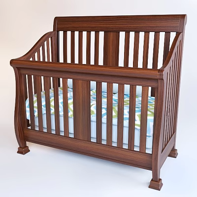 Walnut Wooden Baby Crib With Slatted Design And Blue Green Pattern Sheets 3d model