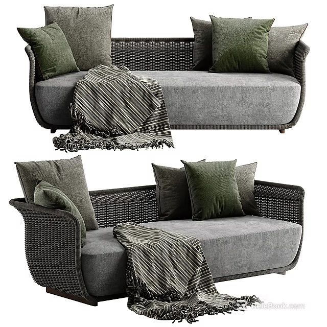 Gray Two Seater Sofa With Woven Armrests Green Cushions And Striped Blanket 3d model 
