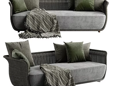 Gray Two Seater Sofa With Woven Armrests Green Cushions And Striped Blanket 3d model