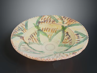 Decorative Handcrafted Bowl Shaped Sculpture Carving With Green Brown Leaf Patterns 3d model