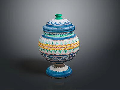 Artisan Carved Decorative Jar With Colorful Patterns Green Lid And Blue Base 3d model