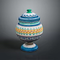 Artisan Carved Decorative Jar With Colorful Patterns Green Lid And Blue Base
