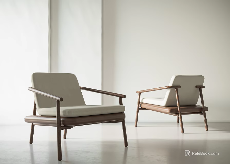 Modern Leisure Chairs With Wooden Frame And Light Colored Cushions In Bright Room 3d model 